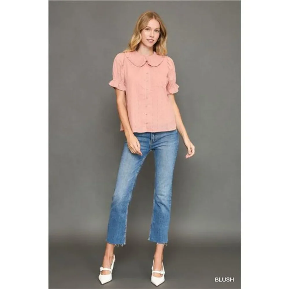 Peter Pan Collared Button Down Textured Shirt with Ruffled Detail - Picture 4 of 4